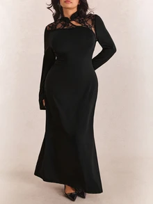 CovetEZ Autumn/Winter New Arrival Stand Collar Frog Button Design Lace Patchwork Backless Fitted Side Slit Sexy Plus Size Dress - Black - View 5
