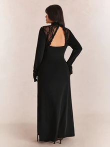 CovetEZ Autumn/Winter New Arrival Stand Collar Frog Button Design Lace Patchwork Backless Fitted Side Slit Sexy Plus Size Dress - Black - View 2