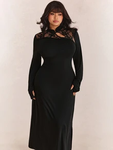 CovetEZ Autumn/Winter New Arrival Stand Collar Frog Button Design Lace Patchwork Backless Fitted Side Slit Sexy Plus Size Dress - Black - View 1