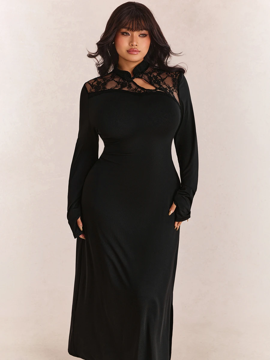 CovetEZ Autumn/Winter New Arrival Stand Collar Frog Button Design Lace Patchwork Backless Fitted Side Slit Sexy Plus Size Dress - Black - View 1