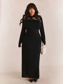 CovetEZ Autumn/Winter New Arrival Stand Collar Frog Button Design Lace Patchwork Backless Fitted Side Slit Sexy Plus Size Dress - Black - View 8