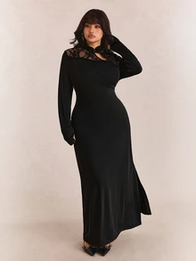 CovetEZ Autumn/Winter New Arrival Stand Collar Frog Button Design Lace Patchwork Backless Fitted Side Slit Sexy Plus Size Dress - Black - View 4