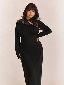 CovetEZ Autumn/Winter New Arrival Stand Collar Frog Button Design Lace Patchwork Backless Fitted Side Slit Sexy Plus Size Dress - Black - View 6