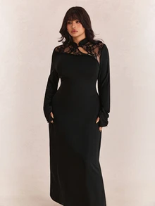 CovetEZ Autumn/Winter New Arrival Stand Collar Frog Button Design Lace Patchwork Backless Fitted Side Slit Sexy Plus Size Dress - Black - View 7