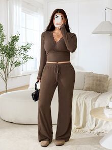 Solflare Plus Size Ribbed Lace Patchwork Top And Drawstring Waist Pants 2 Pieces Set Fall - Brown - View 5