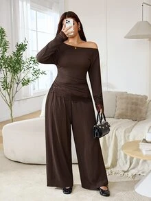 Solflare Plus Size Women's Autumn/Winter Casual Brown Lace Patchwork Long Sleeve Top & Pants With Pockets 2 Pieces Set - Brown - View 4