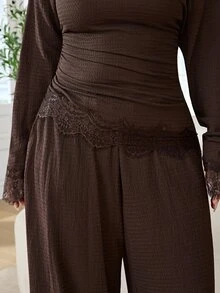 Solflare Plus Size Women's Autumn/Winter Casual Brown Lace Patchwork Long Sleeve Top & Pants With Pockets 2 Pieces Set - Brown - View 5