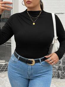 SHEIN CURVE+ Plus Size 22W Mock Neck Ruched Slim Fit Tee Fall - Black - View 6