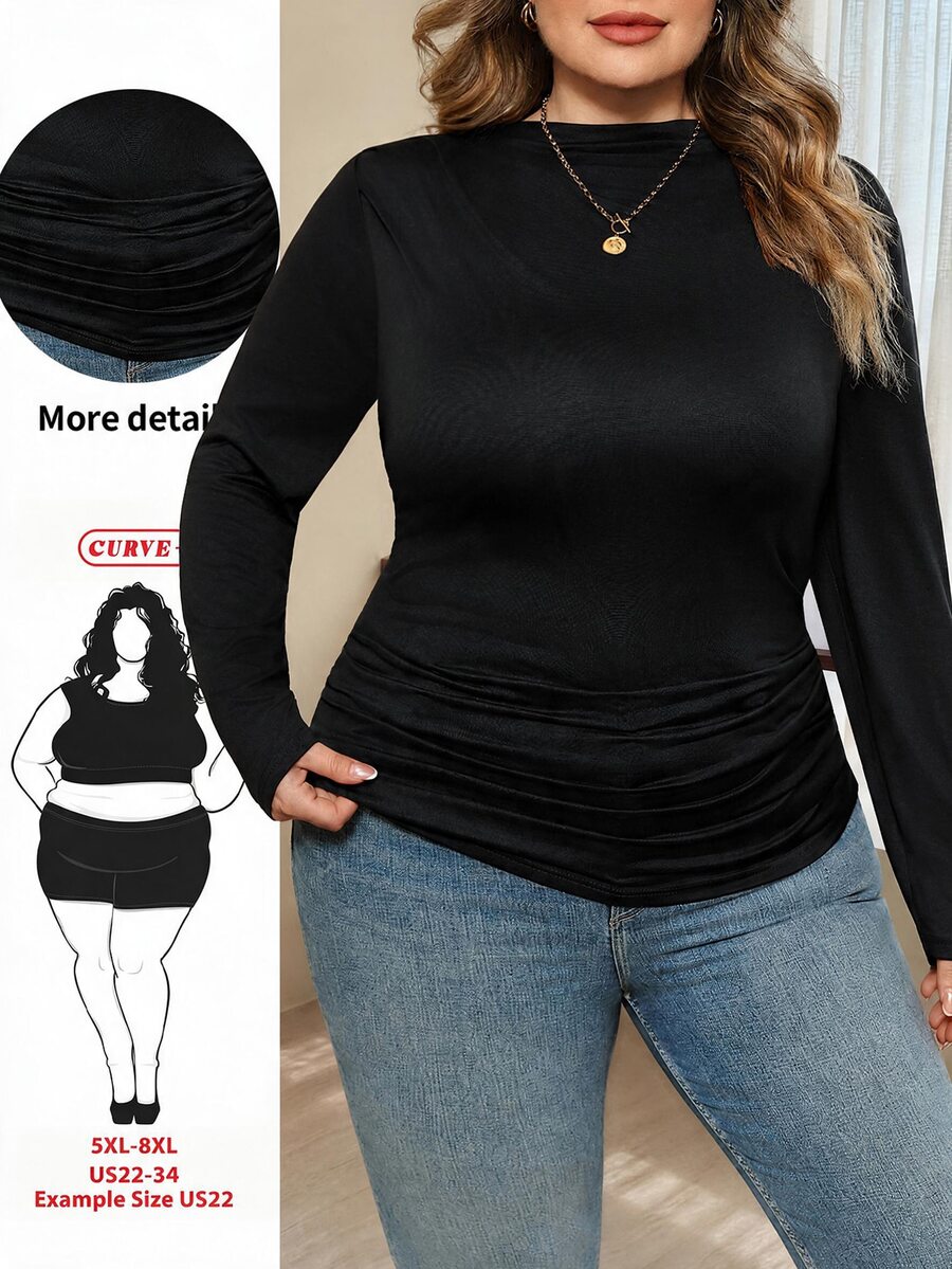 SHEIN CURVE+ Plus Size 22W Mock Neck Ruched Slim Fit Tee Fall - Black - View 1