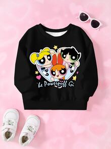 THE POWERPUFF GIRLS X SHEIN 女童字母卡通印花圓領長袖休閒運動衫 - 白色 - 查看 1