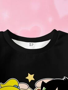 THE POWERPUFF GIRLS X SHEIN 女童字母卡通印花圓領長袖休閒運動衫 - 白色 - 查看 3