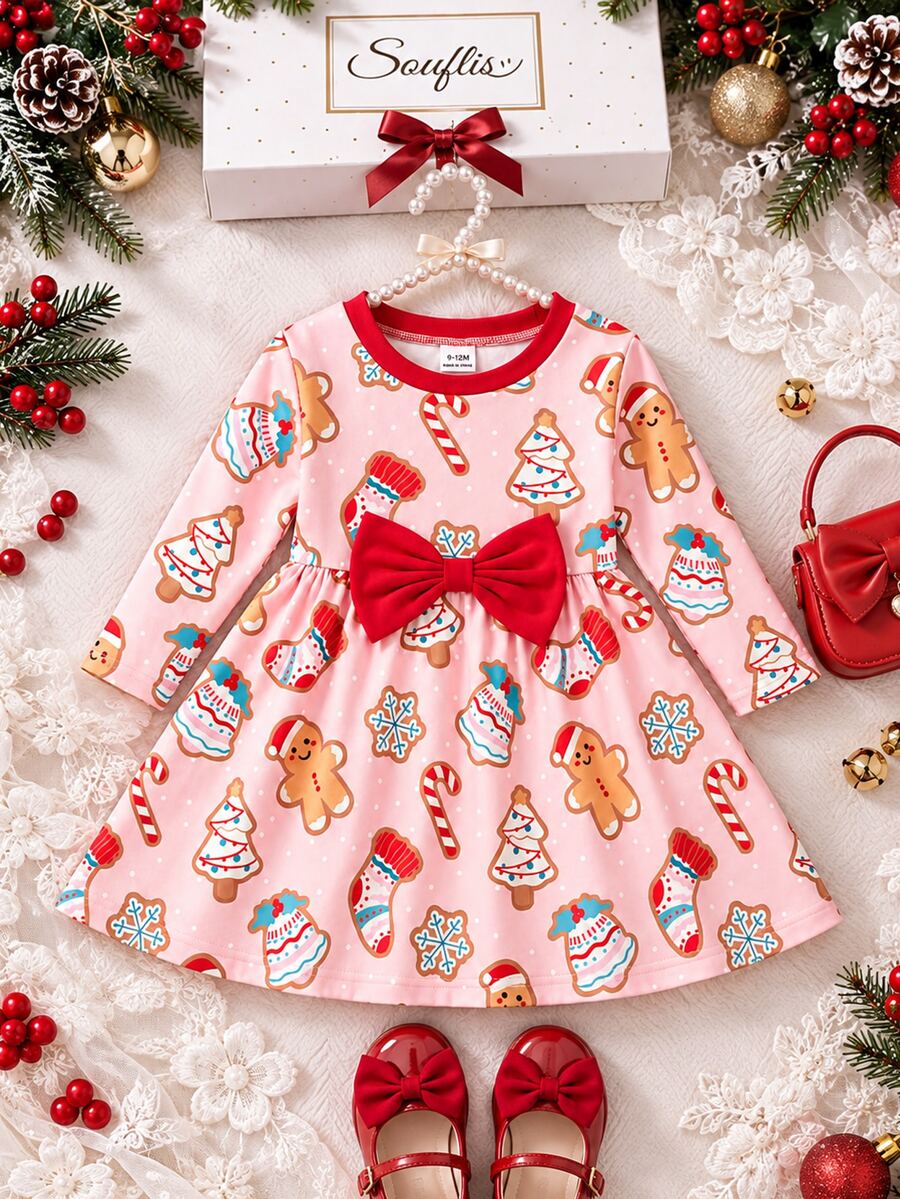 SHEIN Infant Christmas Long Sleeve Dress,Light Pink All-Over Print Of Gingerbread Boy Round Neck Design, Red Bow, And Full Skirt, Soft , Sweet And Cute, - Multicolor - View 1