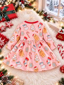 SHEIN Infant Christmas Long Sleeve Dress,Light Pink All-Over Print Of Gingerbread Boy Round Neck Design, Red Bow, And Full Skirt, Soft , Sweet And Cute, - Multicolor - View 2