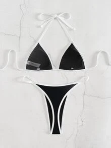 Costavie 女款度假海灘拼接飾邊泳衣套裝 - 黑色 - 查看 2