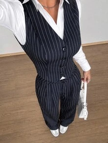 Flirla 女士前扣无袖条纹上衣和长裤套装 - 藏蓝色 - 查看 1