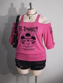 SHEIN ICON 女款大尺碼黑色夏季 Grunge 音樂會日常 Y2K 哥德龐克骷髏圖案鏤空破洞 2 合 1 T恤 音樂節穿搭 - 玫紅色 - 查看 8