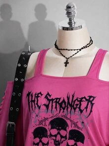 SHEIN ICON 女款大尺碼黑色夏季 Grunge 音樂會日常 Y2K 哥德龐克骷髏圖案鏤空破洞 2 合 1 T恤 音樂節穿搭 - 玫紅色 - 查看 9