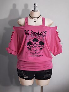 SHEIN ICON 女款大尺碼黑色夏季 Grunge 音樂會日常 Y2K 哥德龐克骷髏圖案鏤空破洞 2 合 1 T恤 音樂節穿搭 - 玫紅色 - 查看 3