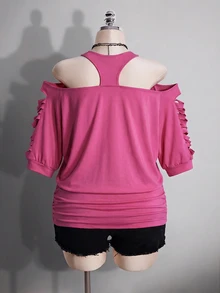 SHEIN ICON 女款大尺碼黑色夏季 Grunge 音樂會日常 Y2K 哥德龐克骷髏圖案鏤空破洞 2 合 1 T恤 音樂節穿搭 - 玫紅色 - 查看 2