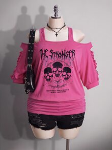 SHEIN ICON 女款大尺碼黑色夏季 Grunge 音樂會日常 Y2K 哥德龐克骷髏圖案鏤空破洞 2 合 1 T恤 音樂節穿搭 - 玫紅色 - 查看 1