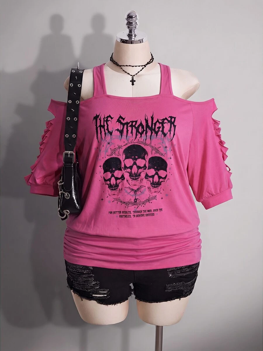 SHEIN ICON 女款大尺碼黑色夏季 Grunge 音樂會日常 Y2K 哥德龐克骷髏圖案鏤空破洞 2 合 1 T恤 音樂節穿搭 - 玫紅色 - 查看 1