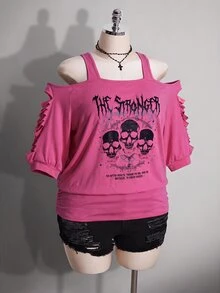 SHEIN ICON 女款大尺碼黑色夏季 Grunge 音樂會日常 Y2K 哥德龐克骷髏圖案鏤空破洞 2 合 1 T恤 音樂節穿搭 - 玫紅色 - 查看 4