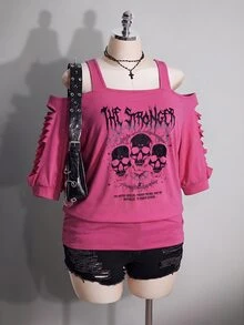 SHEIN ICON 女款大尺碼黑色夏季 Grunge 音樂會日常 Y2K 哥德龐克骷髏圖案鏤空破洞 2 合 1 T恤 音樂節穿搭 - 玫紅色 - 查看 7