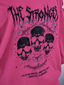 SHEIN ICON 女款大尺碼黑色夏季 Grunge 音樂會日常 Y2K 哥德龐克骷髏圖案鏤空破洞 2 合 1 T恤 音樂節穿搭 - 玫紅色 - 查看 6