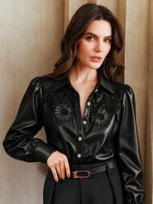 Anewsta Women's Black PU Leather Lace Floral Patchwork Puff Sleeve Rhinestone Button Design Long Sleeve Blouse For Autumn/Winter Commute, Date And Casual Wear - Black - View 4