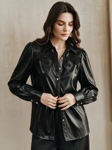 Anewsta Women's Black PU Leather Lace Floral Patchwork Puff Sleeve Rhinestone Button Design Long Sleeve Blouse For Autumn/Winter Commute, Date And Casual Wear - Black - View 5