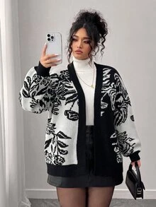 Elenzga 大尺碼女款秋冬時尚休閒拼色黑白長袖寬鬆修身開襟衫，適合外出、度假、派對等多種場合 - 黑與白 - 查看 4