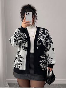Elenzga 大尺碼女款秋冬時尚休閒拼色黑白長袖寬鬆修身開襟衫，適合外出、度假、派對等多種場合 - 黑與白 - 查看 6