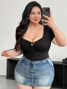 Vibekara Plus Size Casual Solid Color Drawstring Slim Fit T-Shirt - Black - View 1