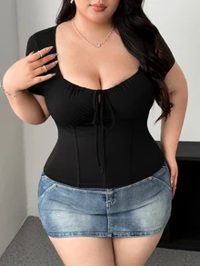 Vibekara Plus Size Casual Solid Color Drawstring Slim Fit T-Shirt - Black - View 5