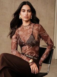 Anewsta Autumn/Winter New Elegant Fashion Casual Outing Date Paisley Print Elastic Mesh Women's T-Shirt - Coffee Brown - View 1