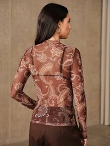 Anewsta Autumn/Winter New Elegant Fashion Casual Outing Date Paisley Print Elastic Mesh Women's T-Shirt - Coffee Brown - View 2