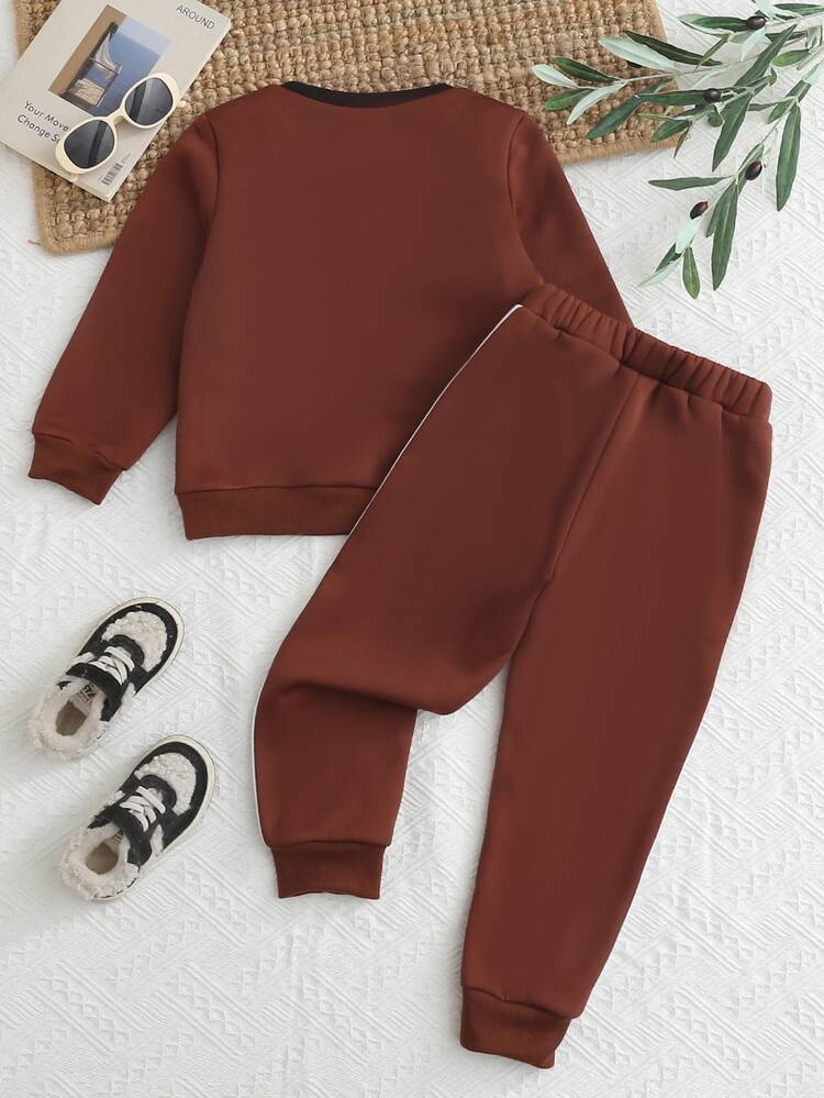 Genkimix Kids Young Boys' Fleece Lined Colorblock Sweatshirt And Jogger Pants Set, Warm 2-Piece Casual Tracksuit Outfit, Fall Winter - Coffee Brown - View 3