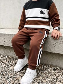 Genkimix Kids Young Boys' Fleece Lined Colorblock Sweatshirt And Jogger Pants Set, Warm 2-Piece Casual Tracksuit Outfit, Fall Winter - Coffee Brown - View 10