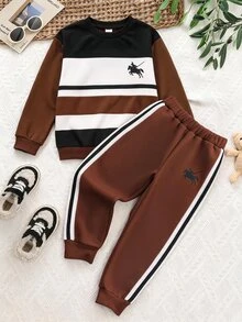 Genkimix Kids Young Boys' Fleece Lined Colorblock Sweatshirt And Jogger Pants Set, Warm 2-Piece Casual Tracksuit Outfit, Fall Winter - Coffee Brown - View 2