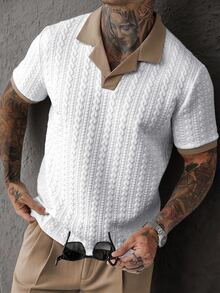 EGENSIO Men's Contrast Color Textured Short Sleeve Casual Polo Shirt - White - View 1