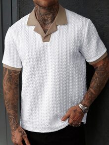 EGENSIO Men's Contrast Color Textured Short Sleeve Casual Polo Shirt - White - View 7