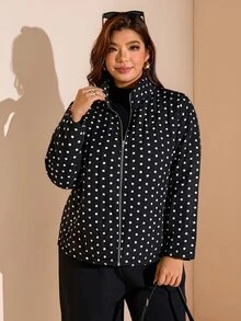 Comfylo Plus Size Women's Polka Dot Pattern Long Sleeve Zip-Up Casual Jacket Winter - Black - View 5