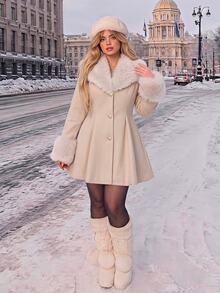 GalTyme Plus Size Women's Fur Collar Long Sleeve Single-Breasted Elegant Coat Fall - Apricot - View 7