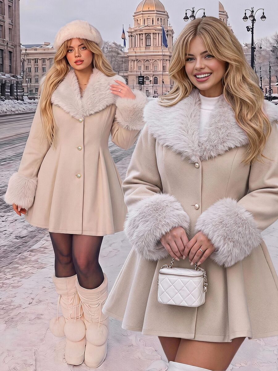 GalTyme Plus Size Women's Fur Collar Long Sleeve Single-Breasted Elegant Coat Fall - Apricot - View 1