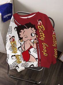 Betty Boop x SHEIN 大尺碼卡通圖案字母印花圓領長袖衛衣 秋季 - 白色 - 查看 4