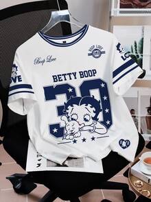 Betty Boop x SHEIN 女士圆领短袖休闲T恤，全印花设计 - 白色 - 查看 4