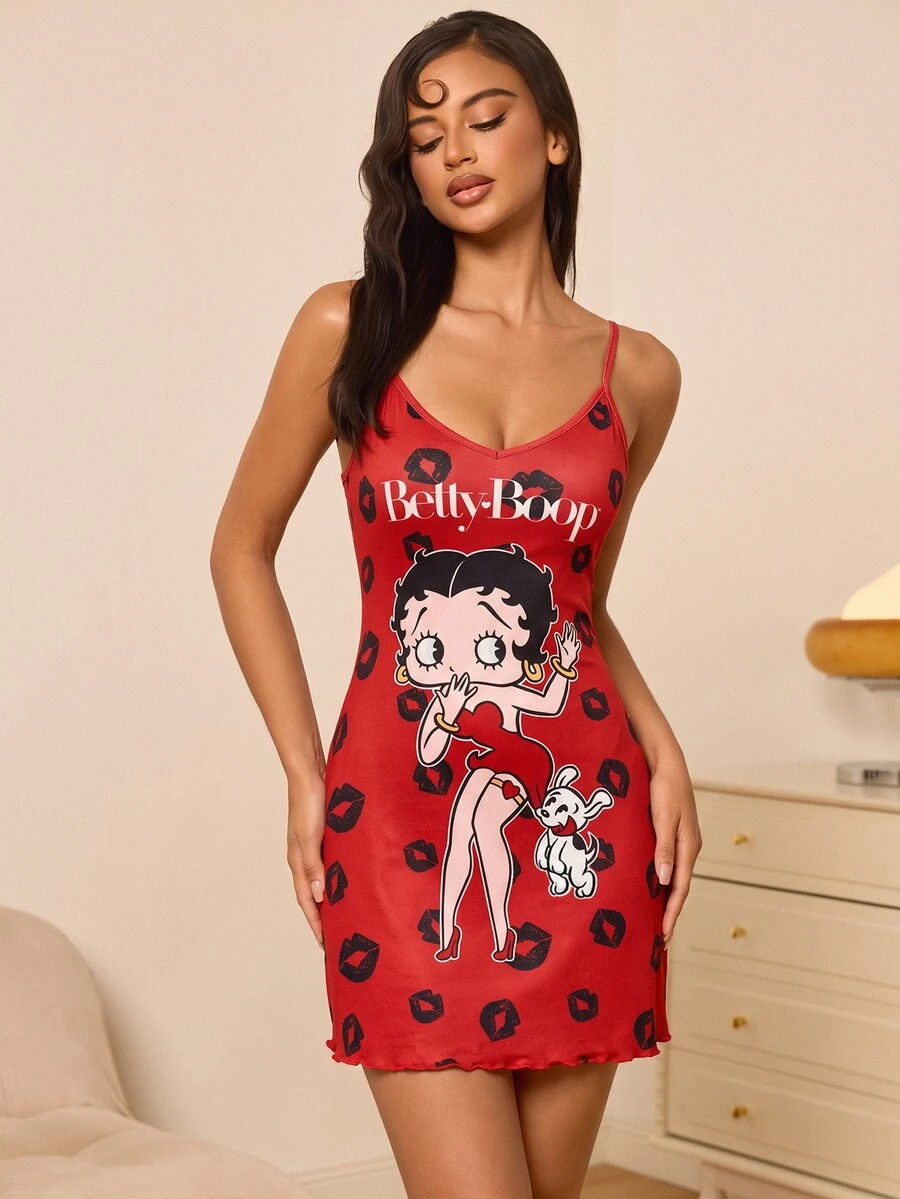 Betty Boop x SHEIN 女款卡通印花細肩帶睡裙 - 紅色 - 查看 1