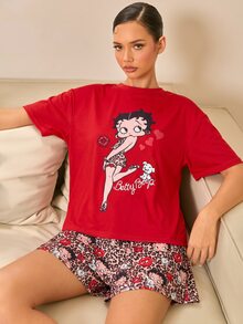 Betty Boop x SHEIN Women's Comfortable Cartoon Portrait Pattern Round Neck Short Sleeve T-Shirt And Leopard Shorts Pajama Set, Summer - Red - View 1