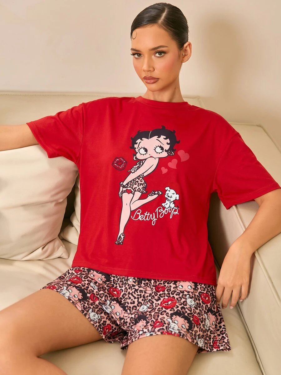 Betty Boop x SHEIN Women's Comfortable Cartoon Portrait Pattern Round Neck Short Sleeve T-Shirt And Leopard Shorts Pajama Set, Summer - Red - View 1