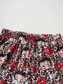 Betty Boop x SHEIN Women's Comfortable Cartoon Portrait Pattern Round Neck Short Sleeve T-Shirt And Leopard Shorts Pajama Set, Summer - Red - View 7